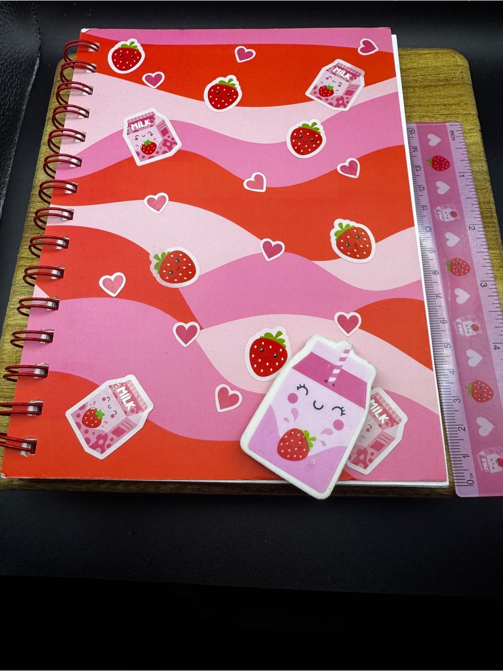 Cute Strawberry Milk Spiral Notebook w/Ruler & Eraser